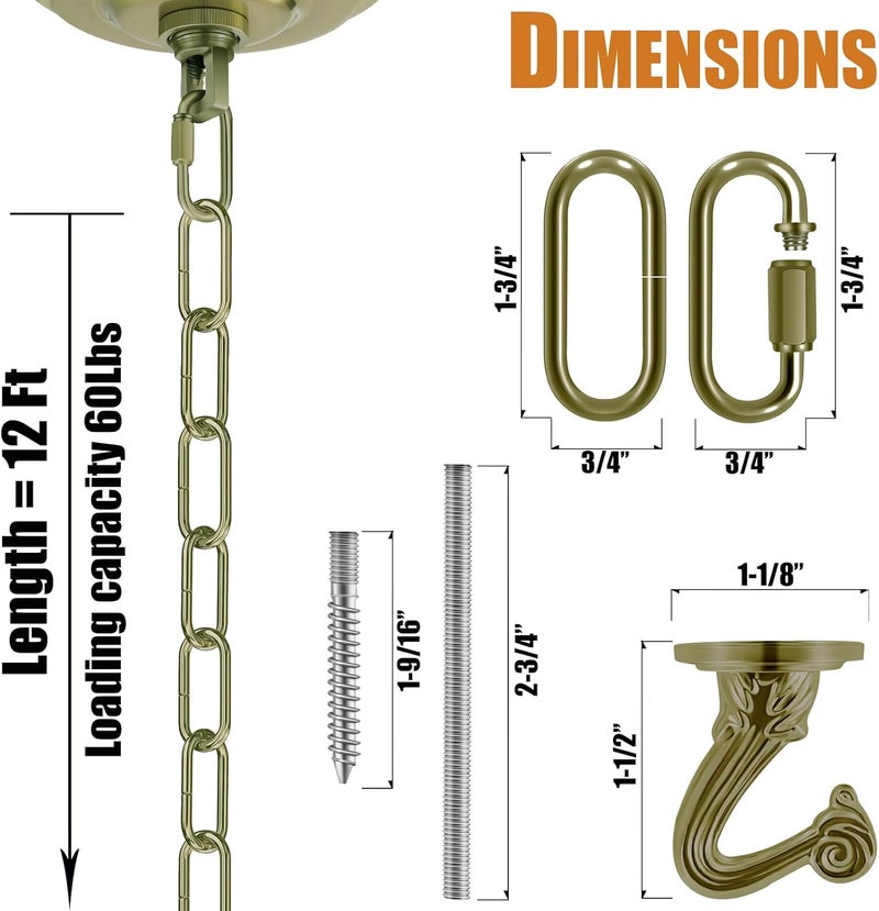 Omytie 12 Ft Heavy Duty Hanging Chain Kit with Connection Locks & Swag Ceiling Hooks for Lighting Fixture, Chandelier, Pendant, Lantern, Swag Lamp, Plant/Flower/Fruit Basket, Bird Feeder (Bronze) - Image 3